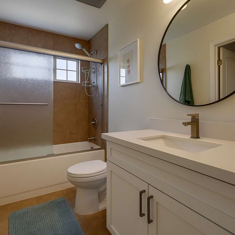 A bathroom with a tiled tub and shower, a white vanity with a stone top and a round mirror