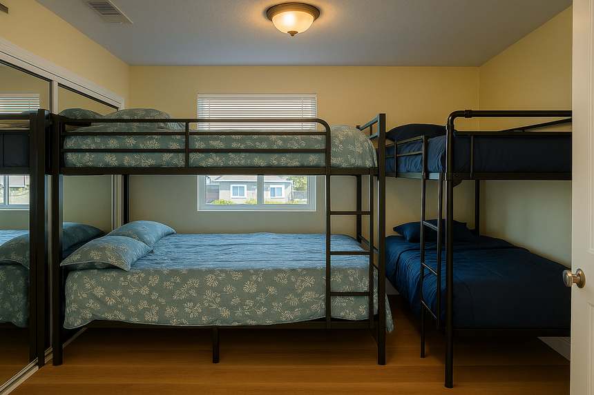 A bunk room: two metal-framed bunks either side of a window, made up in blue and green bedding