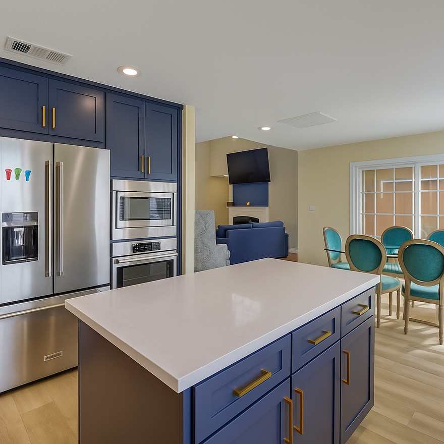 The kitchen: navy cabinets with brass handles, a white quartz island with seating, and stainless appliances, open to a dining table