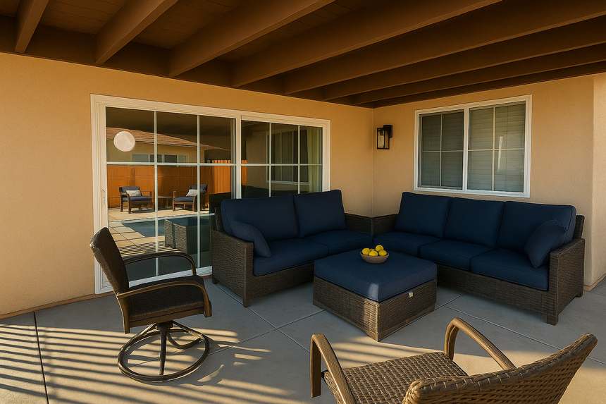 The covered patio: navy wicker sofas and a low table under the roofline, sliding doors to the house behind